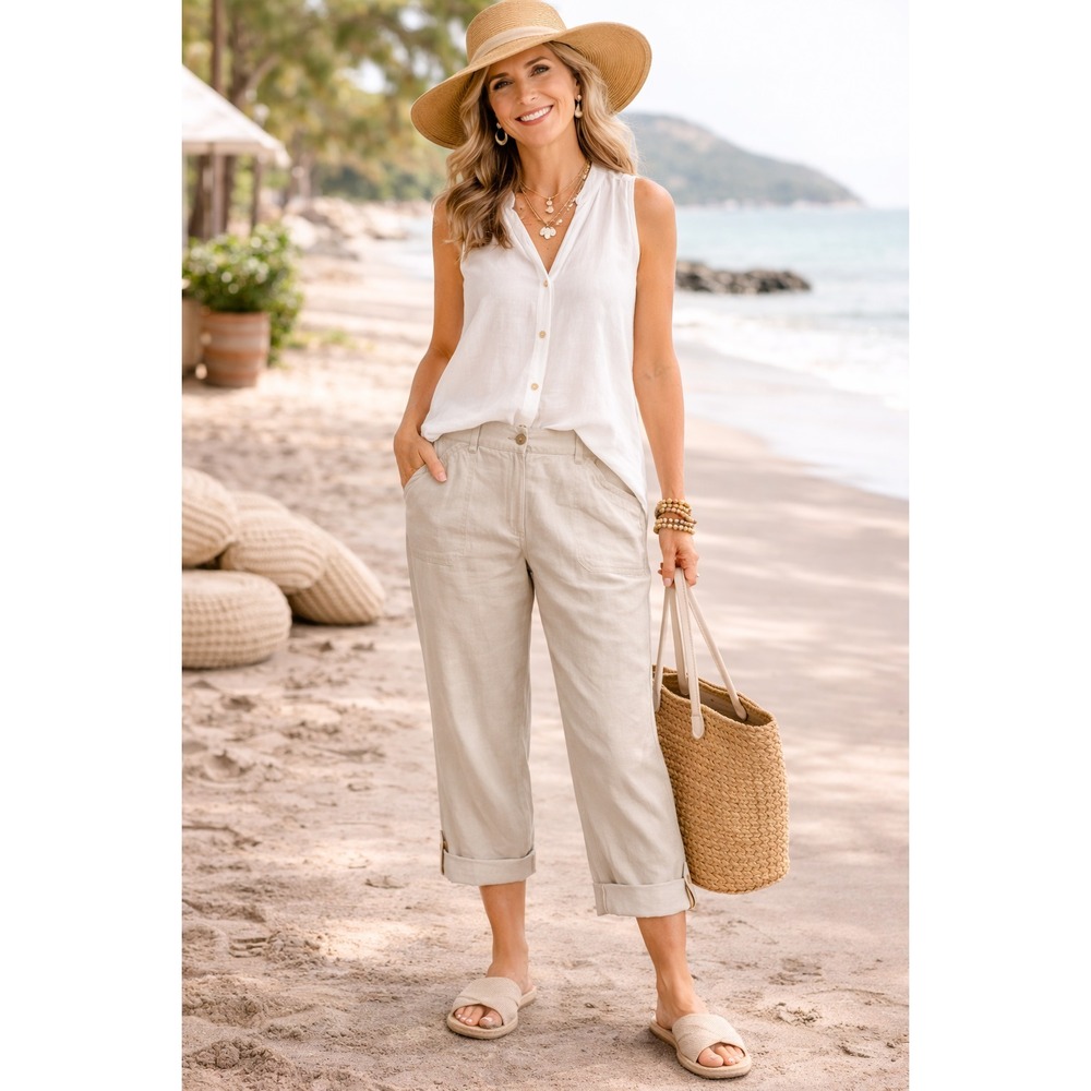 J Jill Linen Blend Pants Tan Cropped Wide Leg Relaxed Coastal Grandma Women XL
